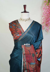 Dark Teal Blue - Ananya - Soft Mangalore Silk Plain Saree with Kalamkari Pallu and Blouse - Best for Casual Gatherings