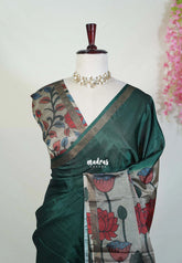 Midnight Green - Ananya - Soft Mangalore Silk Plain Saree with Kalamkari Pallu and Blouse - Best for Casual Gatherings