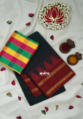 Midnight Dark Green - Andal - Mercerised Cotton with Silk Finish Kanchi Border and Buttas with Madras Kattam Silk Blouse - Perfect for Regular Wear | Casual Wear