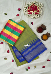 Chutney Green - Andal - Mercerised Cotton with Silk Finish Kanchi Border and Buttas with Madras Kattam Silk Blouse - Perfect for Regular Wear | Casual Wear
