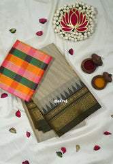 Taupe Grey - Andal - Mercerised Cotton with Silk Finish Kanchi Border and Buttas with Madras Kattam Silk Blouse - Perfect for Regular Wear | Casual Wear