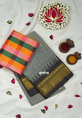 Ash Grey - Andal - Mercerised Cotton with Silk Finish Kanchi Border and Buttas with Madras Kattam Silk Blouse - Perfect for Regular Wear | Casual Wear