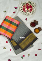 Ash Grey - Andal - Mercerised Cotton with Silk Finish Kanchi Border and Buttas with Madras Kattam Silk Blouse - Perfect for Regular Wear | Casual Wear
