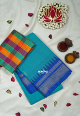 Teal Blue - Andal - Mercerised Cotton with Silk Finish Kanchi Border and Buttas with Madras Kattam Silk Blouse - Perfect for Regular Wear | Casual Wear