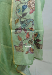 Pista Green - Anajali - Soft Tissue Linen Saree with Kalamkari Applique Work Border – Best for Pooja Function | Diwali Festival