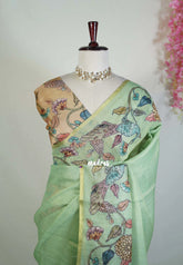 Pista Green - Anajali - Soft Tissue Linen Saree with Kalamkari Applique Work Border – Best for Pooja Function | Diwali Festival