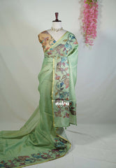 Pista Green - Anajali - Soft Tissue Linen Saree with Kalamkari Applique Work Border – Best for Pooja Function | Diwali Festival