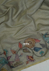 Olive Grey - Anajali - Soft Tissue Linen Saree with Kalamkari Applique Work Border – Best for Pooja Function | Diwali Festival