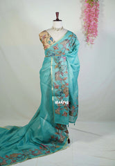 Bluish Green - Anajali - Soft Tissue Linen Saree with Kalamkari Applique Work Border – Best for Pooja Function | Diwali Festival