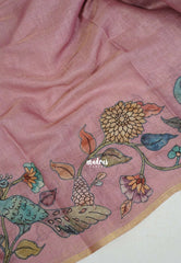 Mauve Pink - Anajali - Soft Tissue Linen Saree with Kalamkari Applique Work Border – Best for Pooja Function | Diwali Festival