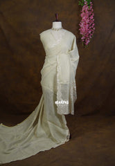 Creamy Dry Elachi Green - ANJALI - Soft Tissue linen Saree with Cut Embroidery Border - Perfect for Festive Wear