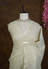Creamy Dry Elachi Green - ANJALI - Soft Tissue linen Saree with Cut Embroidery Border - Perfect for Festive Wear