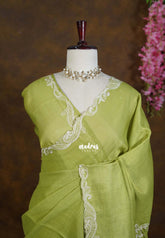 Sap Green - ANJALI - Soft Tissue linen Saree with Cut Embroidery Border - Perfect for Festive Wear