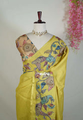 Yellowish Green - Anajali - Soft Tissue Linen Saree with Kalamkari Applique Work Border – Best for Pooja Function | Diwali Festival