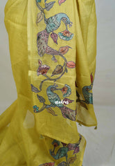 Yellowish Green - Anajali - Soft Tissue Linen Saree with Kalamkari Applique Work Border – Best for Pooja Function | Diwali Festival
