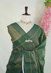 Dark Green - ANJALI - Soft Tissue linen Saree with Kolam Prints - Perfect for Festive Wear