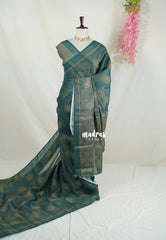 Teal Green - ANJALI - Soft Tissue linen Saree with Kolam Prints - Perfect for Festive Wear