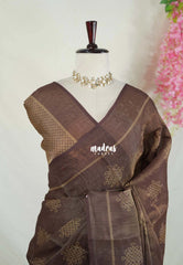 Coffee Brown - ANJALI - Soft Tissue linen Saree with Kolam Prints - Perfect for Festive Wear