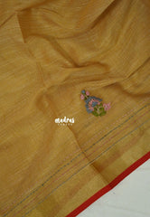 Muted Sandal - Artisan Crafeted Soft Tissue linen Saree with Intricate Hand Embroidered French Knot Work
