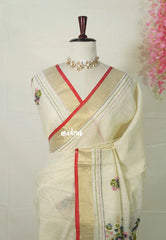 Ivory Beige - Artisan Crafeted Soft Tissue linen Saree with Intricate Hand Embroidered French Knot Work