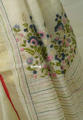 Ivory Beige - Artisan Crafeted Soft Tissue linen Saree with Intricate Hand Embroidered French Knot Work