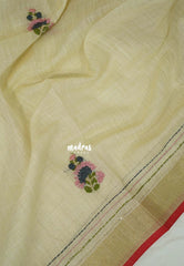 Ivory Beige - Artisan Crafeted Soft Tissue linen Saree with Intricate Hand Embroidered French Knot Work