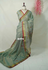 Muted Sage - Artisan Crafeted Soft Tissue linen Saree with Intricate Hand Embroidered French Knot Work
