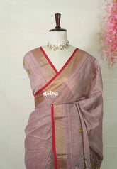 Muted Onion Pink - Artisan Crafeted Soft Tissue linen Saree with Intricate Hand Embroidered French Knot Work