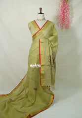 Pastel Mehndi Green - Artisan Crafeted Soft Tissue linen Saree with Intricate Hand Embroidered French Knot Work