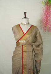 French Beige - Artisan Crafeted Soft Tissue linen Saree with Intricate Hand Embroidered French Knot Work