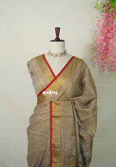French Beige - Artisan Crafeted Soft Tissue linen Saree with Intricate Hand Embroidered French Knot Work