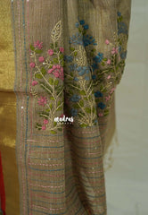 French Beige - Artisan Crafeted Soft Tissue linen Saree with Intricate Hand Embroidered French Knot Work