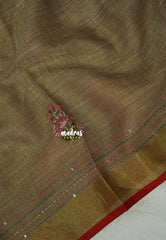 French Beige - Artisan Crafeted Soft Tissue linen Saree with Intricate Hand Embroidered French Knot Work