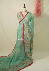 Muted Seafoam Green - Artisan Crafeted Soft Tissue linen Saree with Intricate Hand Embroidered French Knot Work