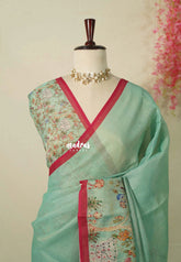 Muted Seafoam Green - Artisan Crafeted Soft Tissue linen Saree with Intricate Hand Embroidered French Knot Work