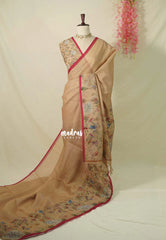 Muted Beige Sandal - Artisan Crafeted Soft Tissue linen Saree with Intricate Hand Embroidered French Knot Work