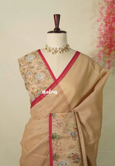 Muted Beige Sandal - Artisan Crafeted Soft Tissue linen Saree with Intricate Hand Embroidered French Knot Work