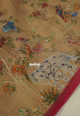 Muted Beige Sandal - Artisan Crafeted Soft Tissue linen Saree with Intricate Hand Embroidered French Knot Work