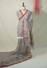 Steel Grey - Artisan Crafeted Soft Tissue linen Saree with Intricate Hand Embroidered French Knot Work