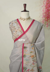 Steel Grey - Artisan Crafeted Soft Tissue linen Saree with Intricate Hand Embroidered French Knot Work