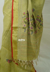 Pastel Mehndi Green - Artisan Crafeted Soft Tissue linen Saree with Intricate Hand Embroidered French Knot Work