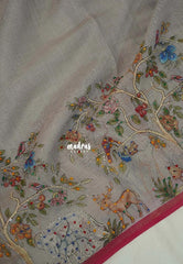 Steel Grey - Artisan Crafeted Soft Tissue linen Saree with Intricate Hand Embroidered French Knot Work