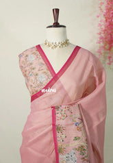 Muted Blush Pink - Artisan Crafeted Soft Tissue linen Saree with Intricate Hand Embroidered French Knot Work