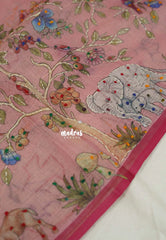 Muted Blush Pink - Artisan Crafeted Soft Tissue linen Saree with Intricate Hand Embroidered French Knot Work