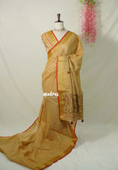 Golden Sand-D3 - Artisan Crafeted Soft Tissue linen Saree with Intricate Hand Embroidered French Knot Work