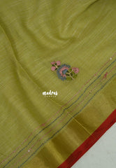 Pastel Mehndi Green - Artisan Crafeted Soft Tissue linen Saree with Intricate Hand Embroidered French Knot Work