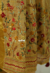 Golden Sand-D3 - Artisan Crafeted Soft Tissue linen Saree with Intricate Hand Embroidered French Knot Work