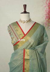 Muted Sage Green-D3 - Artisan Crafeted Soft Tissue linen Saree with Intricate Hand Embroidered French Knot Work