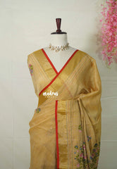 Muted Sandal - Artisan Crafeted Soft Tissue linen Saree with Intricate Hand Embroidered French Knot Work