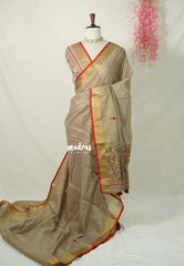 French Beige-D3 - Artisan Crafeted Soft Tissue linen Saree with Intricate Hand Embroidered French Knot Work